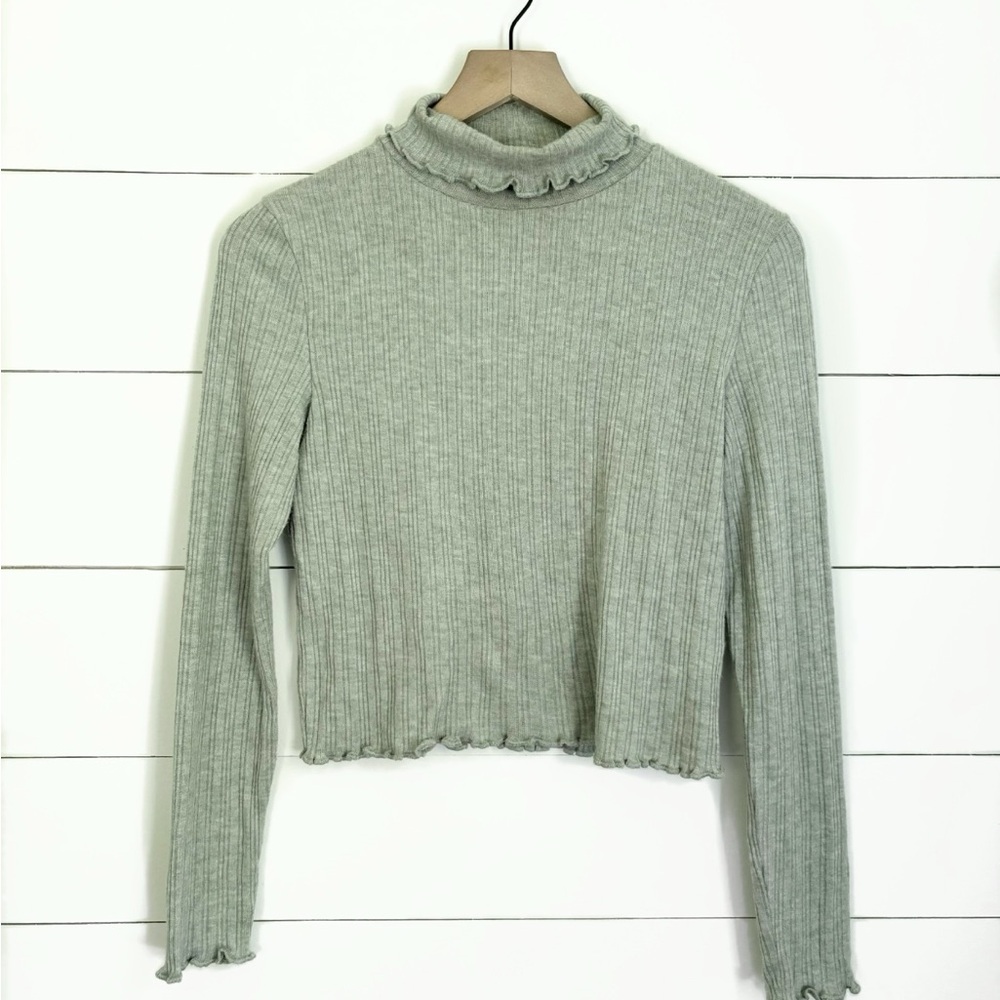 Madewell muted pale green ribbed turtleneck with ruffle neck